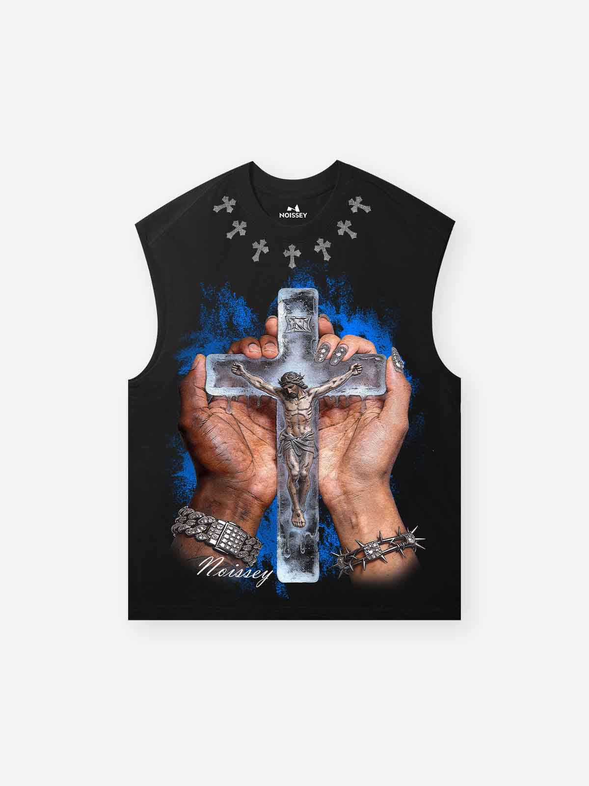 NOISSEY "FROZEN FAITH" ICED JESUS CRUCIFIX GRAPHIC TANK TOP