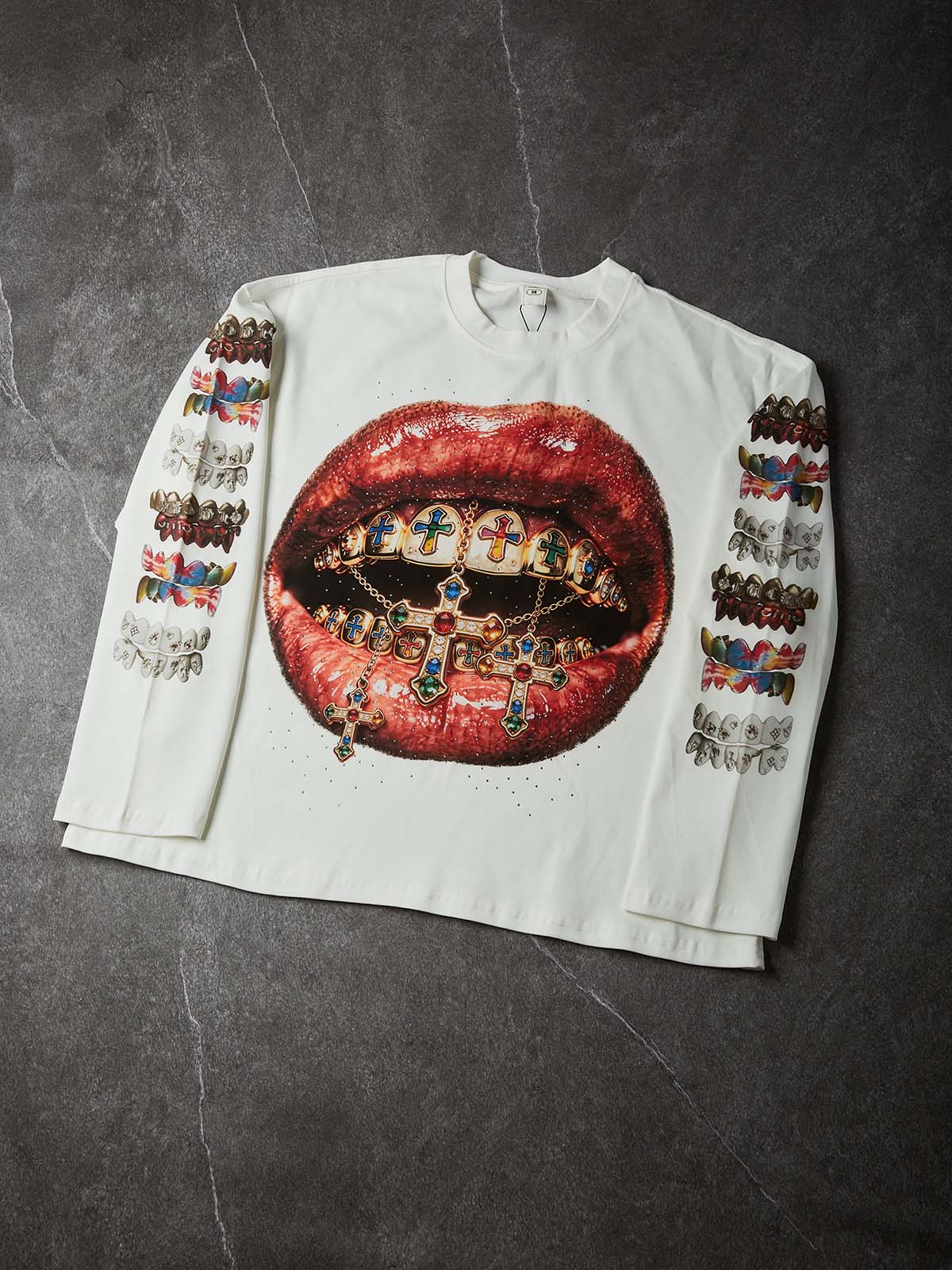 NOISSEY "Gemstone Grillz" White Sweatshirt - Rhinestone Graphic Pullover - Image 5
