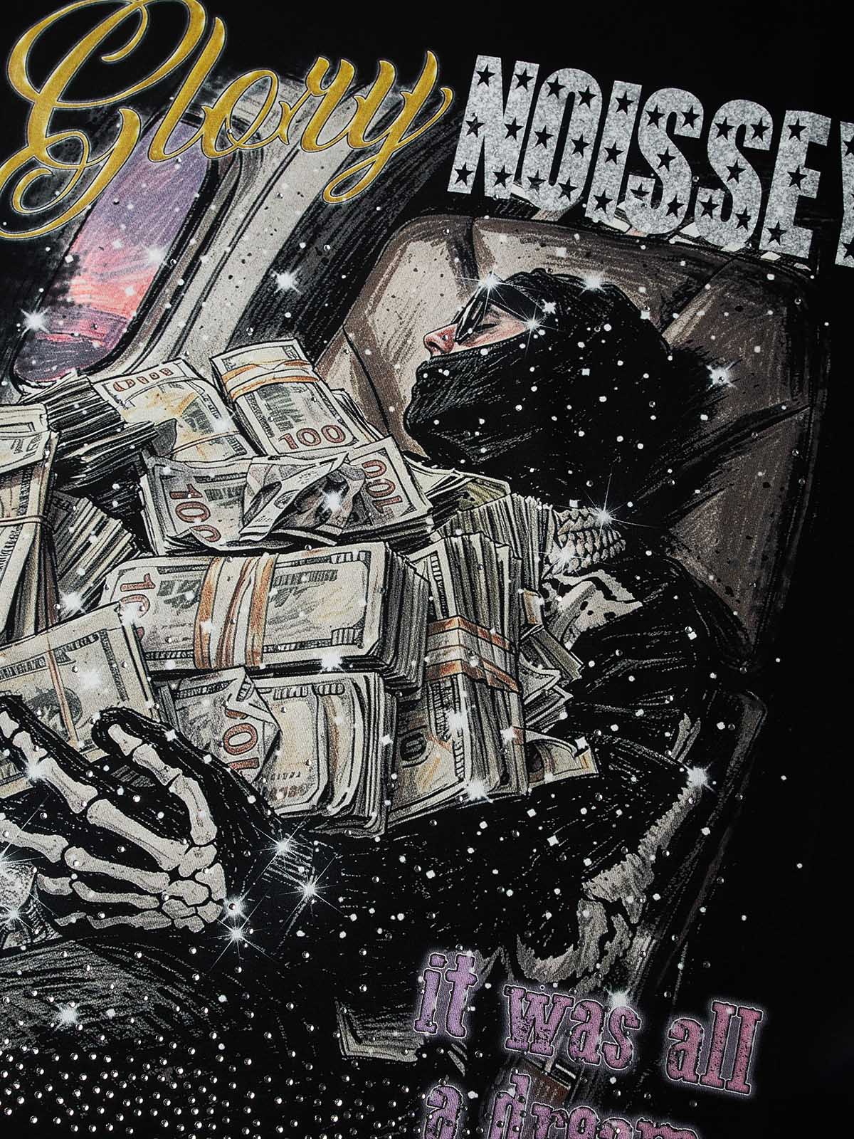 NOISSEY "Glory Dream" Private Jet Cash Skeleton Rhinestone Oversized Tee - Image 2