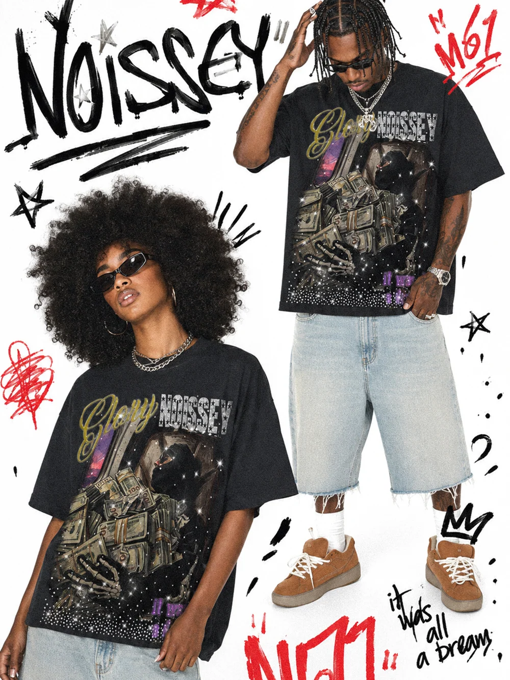 NOISSEY "Glory Dream" Private Jet Cash Skeleton Rhinestone Oversized Tee - Image 4