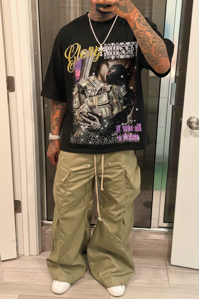 NOISSEY "Glory Dream" Private Jet Cash Skeleton Rhinestone Oversized Tee - Image 5