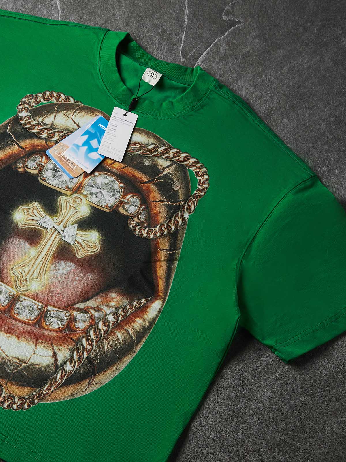 NOISSEY "Golden Cross" Green Tee - Boxy Lip Print T-Shirt - Image 3