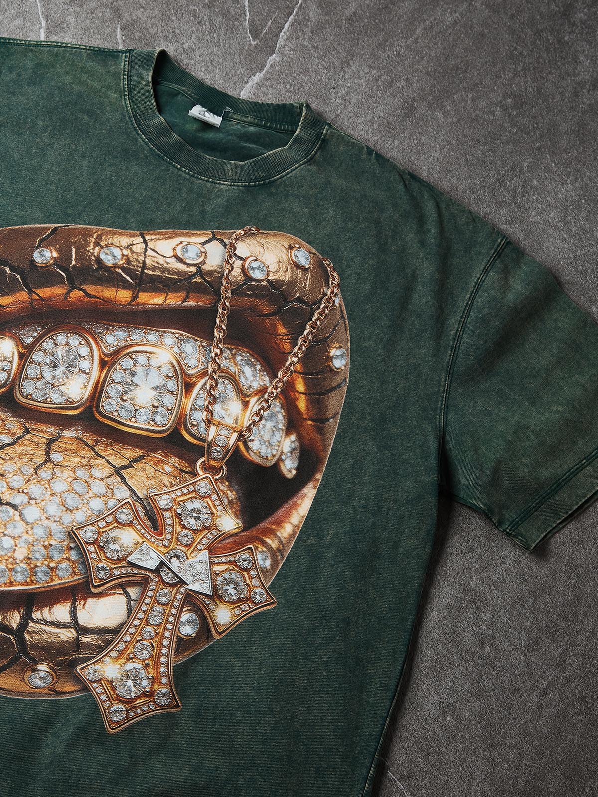 NOISSEY "Golden Cross" Washed Green Tee - Boxy Lip Print T-Shirt - Image 5