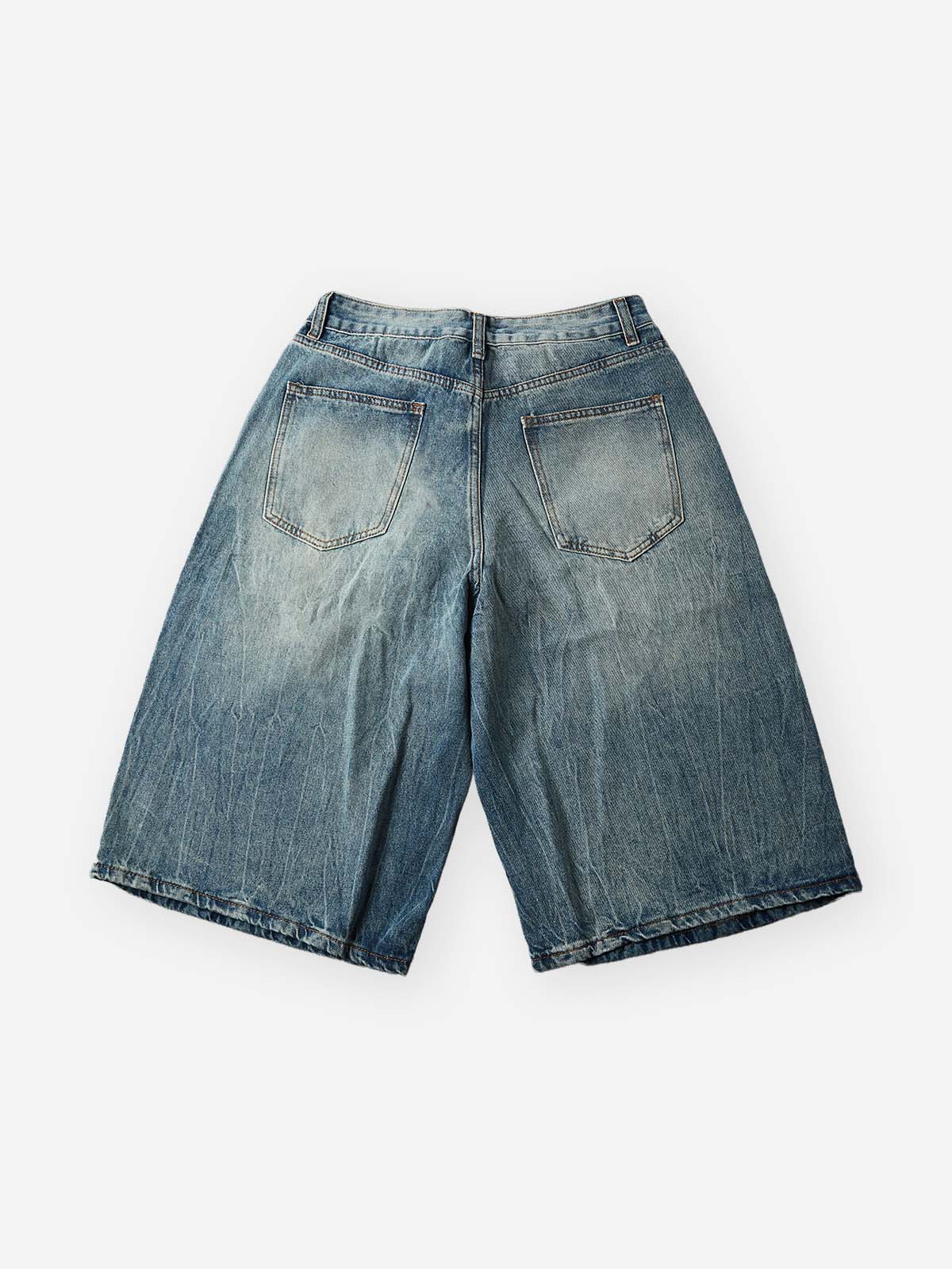 NOISSEY "Gothic Cross" Rhinestone Bleach-Washed Denim Shorts - High-Street Wide-Leg 2 Colors - Image 14