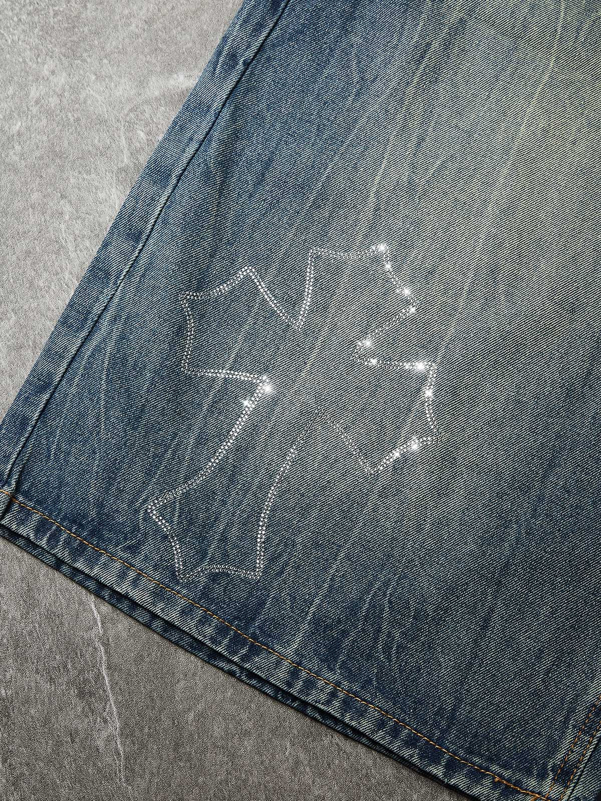 NOISSEY "Gothic Cross" Rhinestone Bleach-Washed Denim Shorts - High-Street Wide-Leg 2 Colors - Image 6