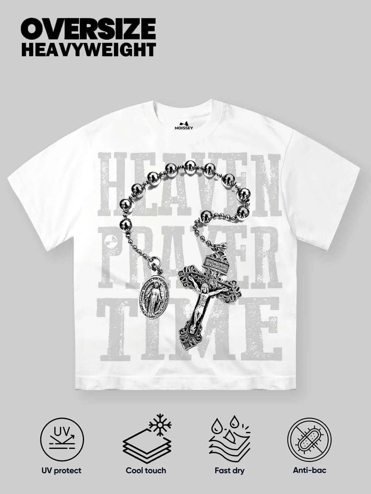 NOISSEY "Heaven Prayer Time" Rosary Graphic Little Oversize Tee - White - Image 4