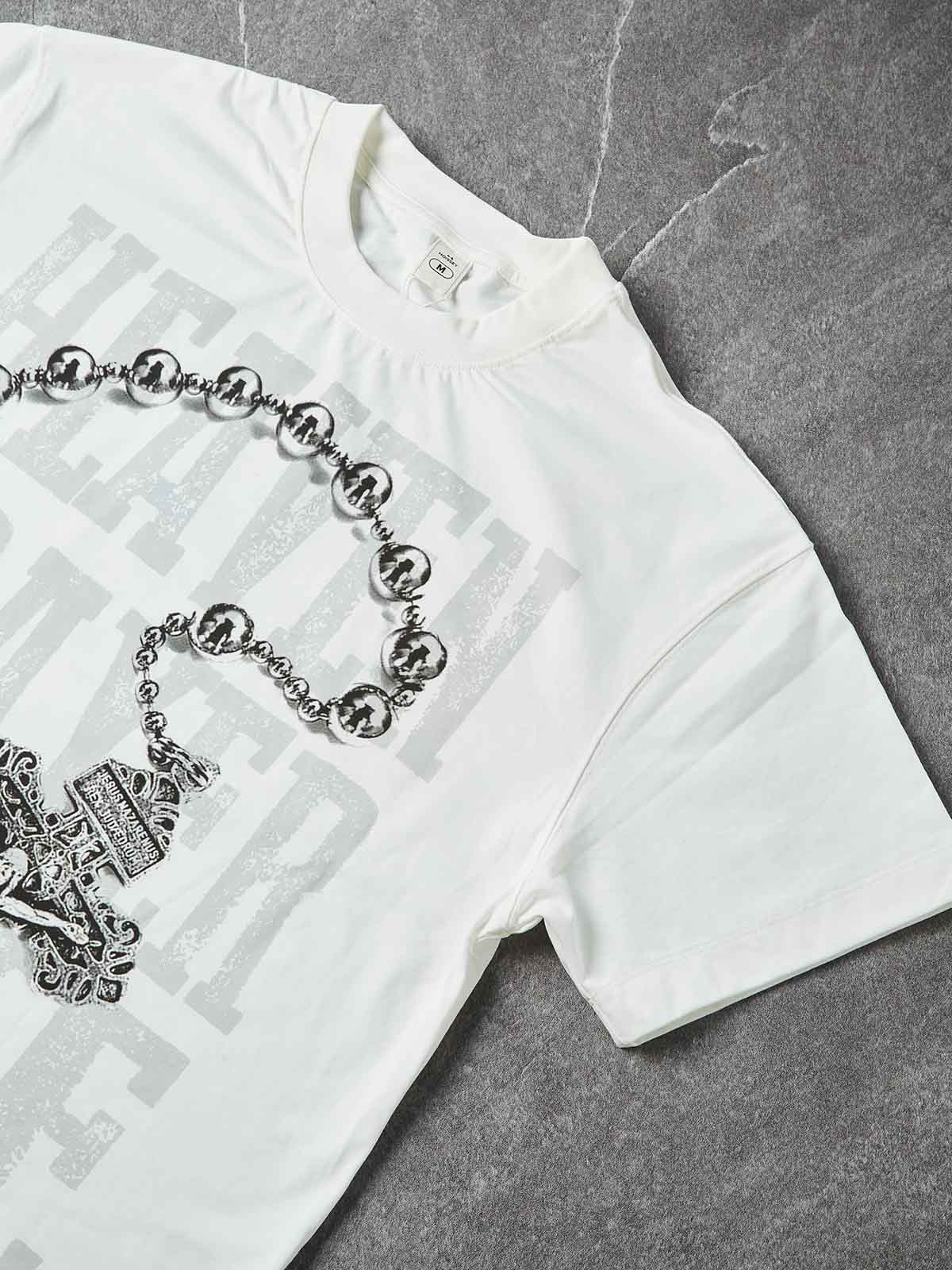 NOISSEY "Heaven Prayer Time" Rosary Graphic Little Oversize Tee - White - Image 6
