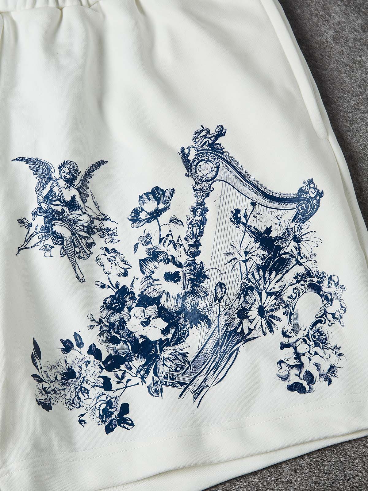NOISSEY "Heavenly Garden" Blue Angel & Floral Art Print White Wide-Leg Shorts - Image 3