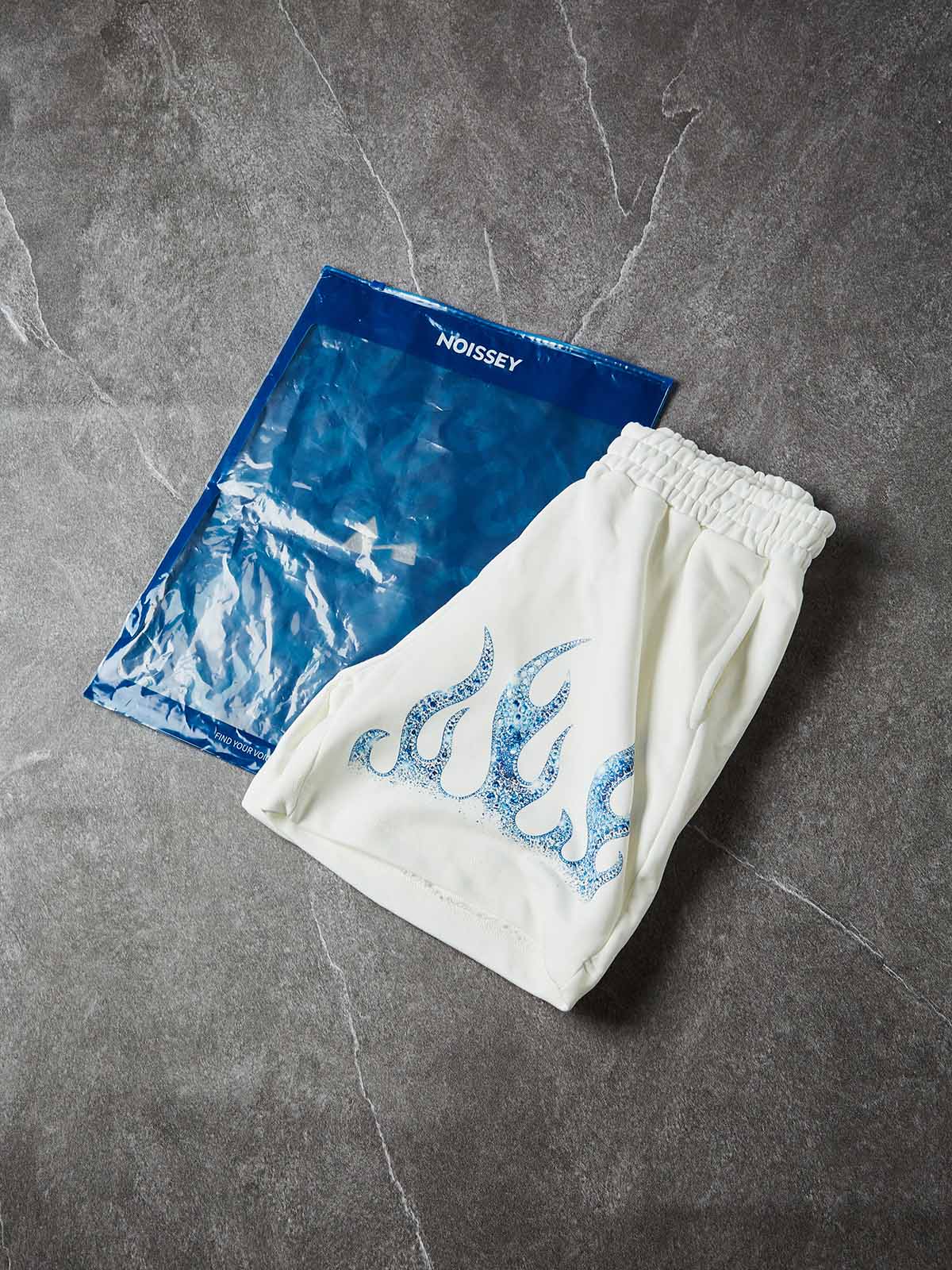 NOISSEY "ICE FLAME" Crystal Blue Artwork Relaxed Shorts - Pure White Crafted Shorts - Image 6