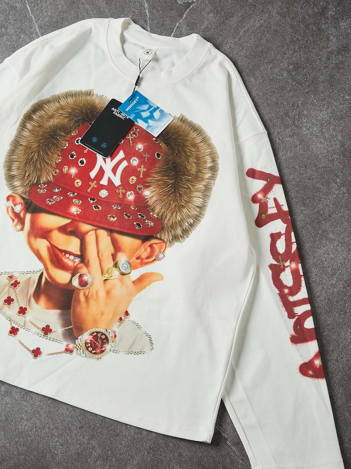 NOISSEY ICED OUT RED CAP FIGURE GRAPHIC LONG SLEEVE STREETWEAR SHIRT - Image 4