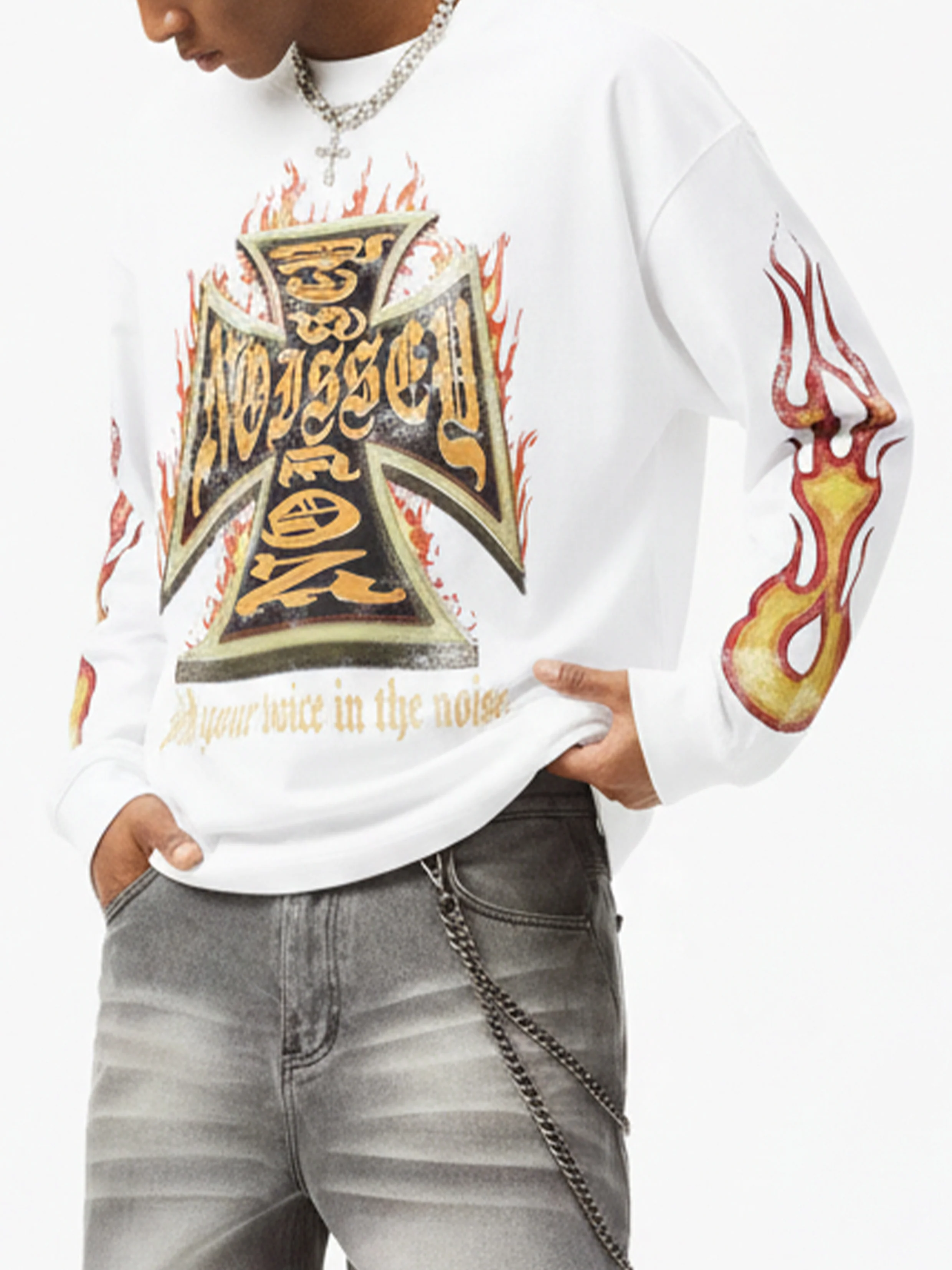 NOISSEY "INFERNO CROSS" GOTHIC FLAME ART LONG SLEEVE SWEATSHIRT - Image 2