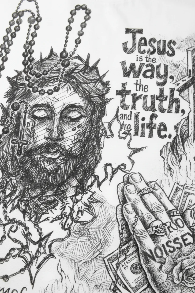 NOISSEY "Jesus Is The Way" Redemption Path Hand-Drawn Art Heavyweight Oversized T-Shirt - Image 5