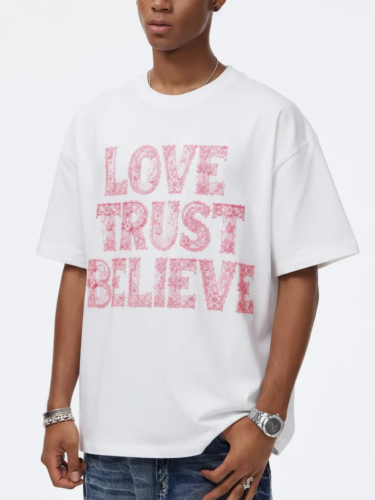NOISSEY "Lace Romance" Tactile Flower Texture LOVE TRUST BELIEVE Oversized Tee - Image 3