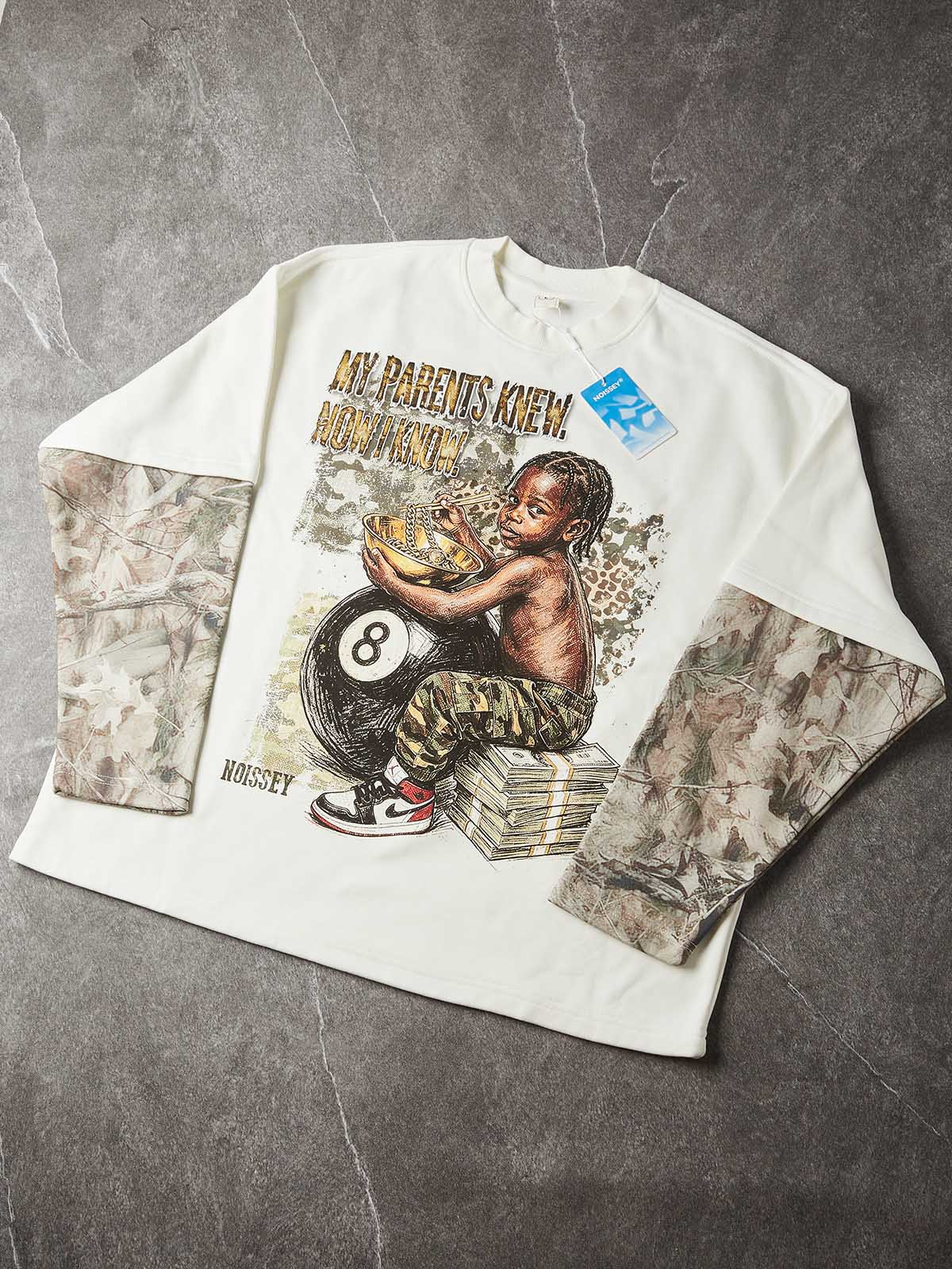 NOISSEY "Legacy Knowledge" Woodland Camo Layered Child Portrait Heavyweight Sweatshirt - Image 6