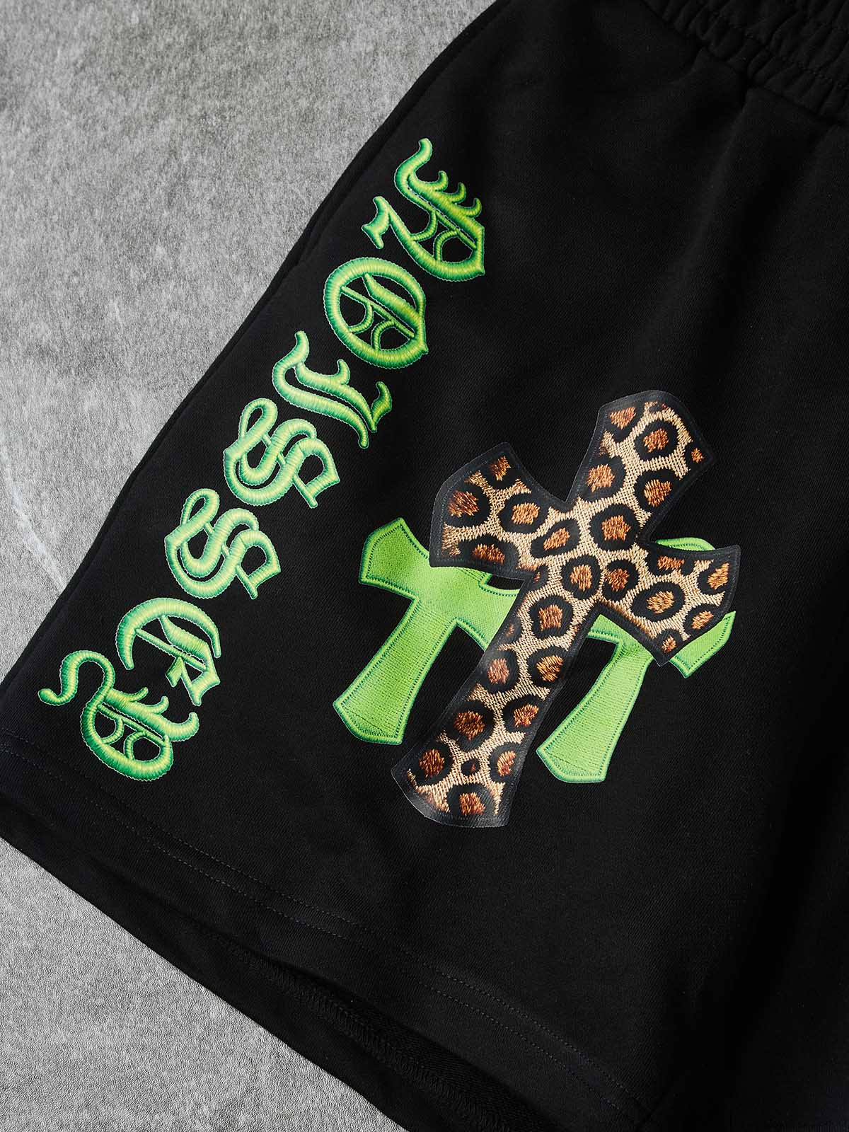 NOISSEY "LEOPARD CROSS" NEON GREEN EMBROIDERED SHORTS - Image 3