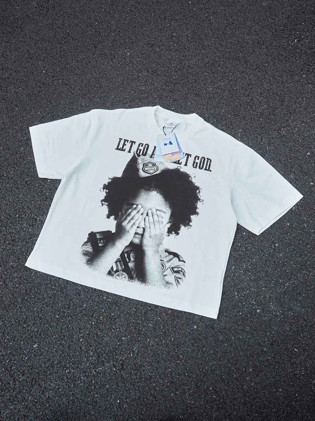 "Let Go and Let God." NOISSEY Boxy Oversized Graphic Tee – Vintage White - Image 6