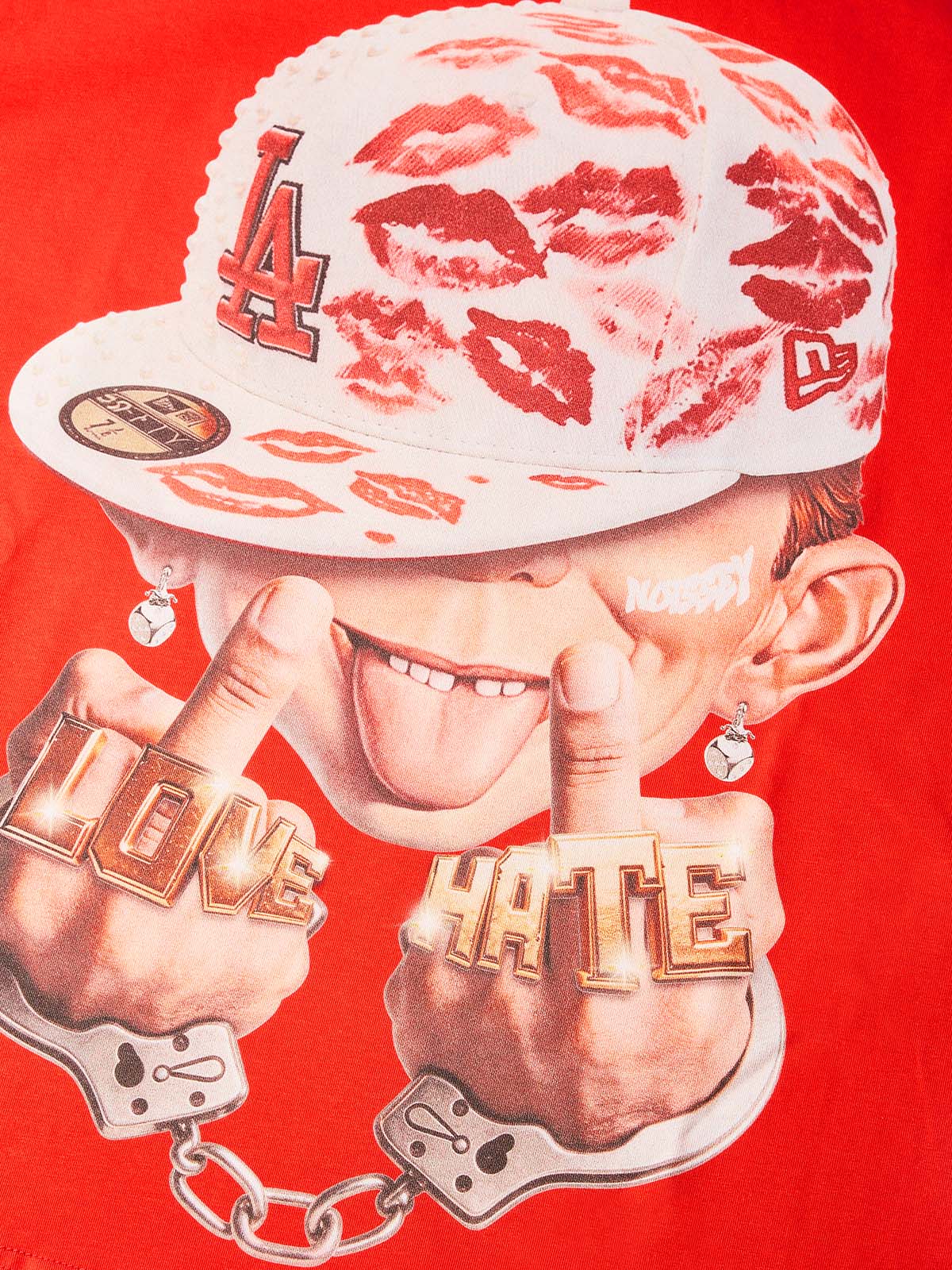 NOISSEY "LOVE HATE" Red Tee - Boxy Cartoon Print T-Shirt - Image 2