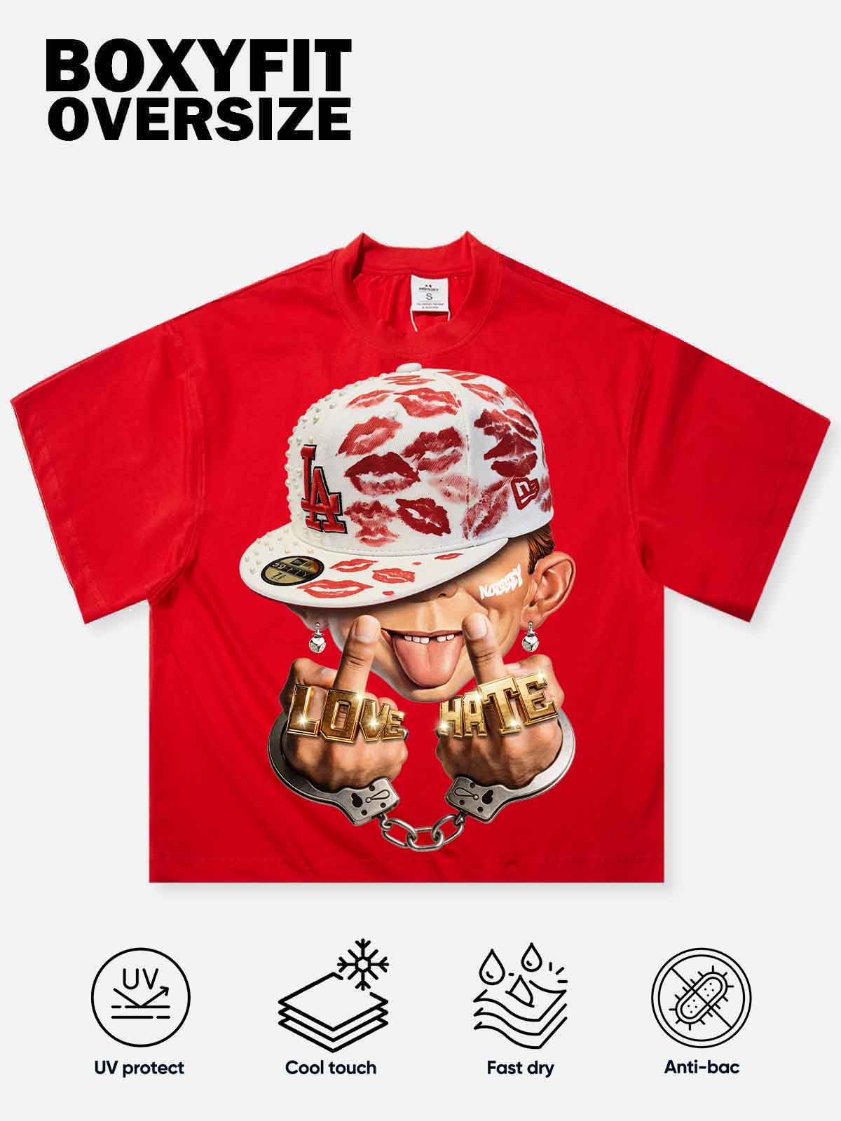 NOISSEY "LOVE HATE" Red Tee - Boxy Cartoon Print T-Shirt - Image 3