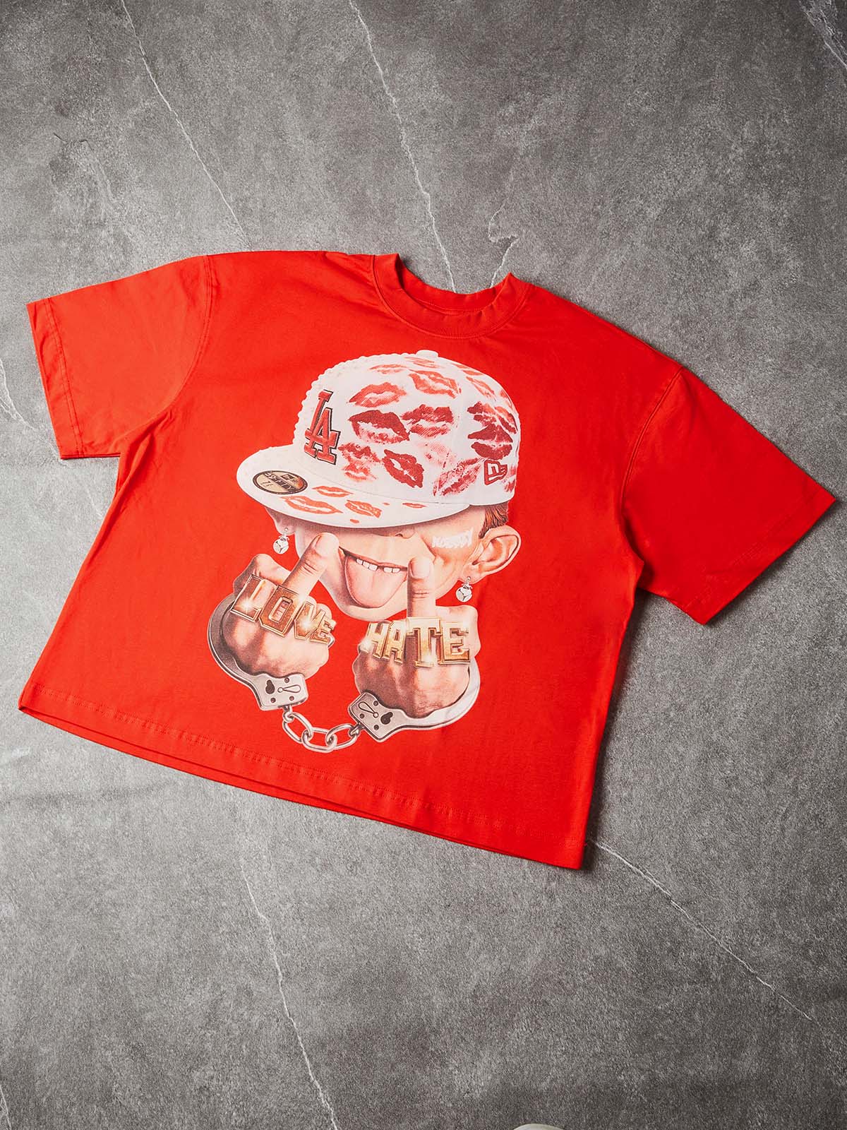 NOISSEY "LOVE HATE" Red Tee - Boxy Cartoon Print T-Shirt - Image 4