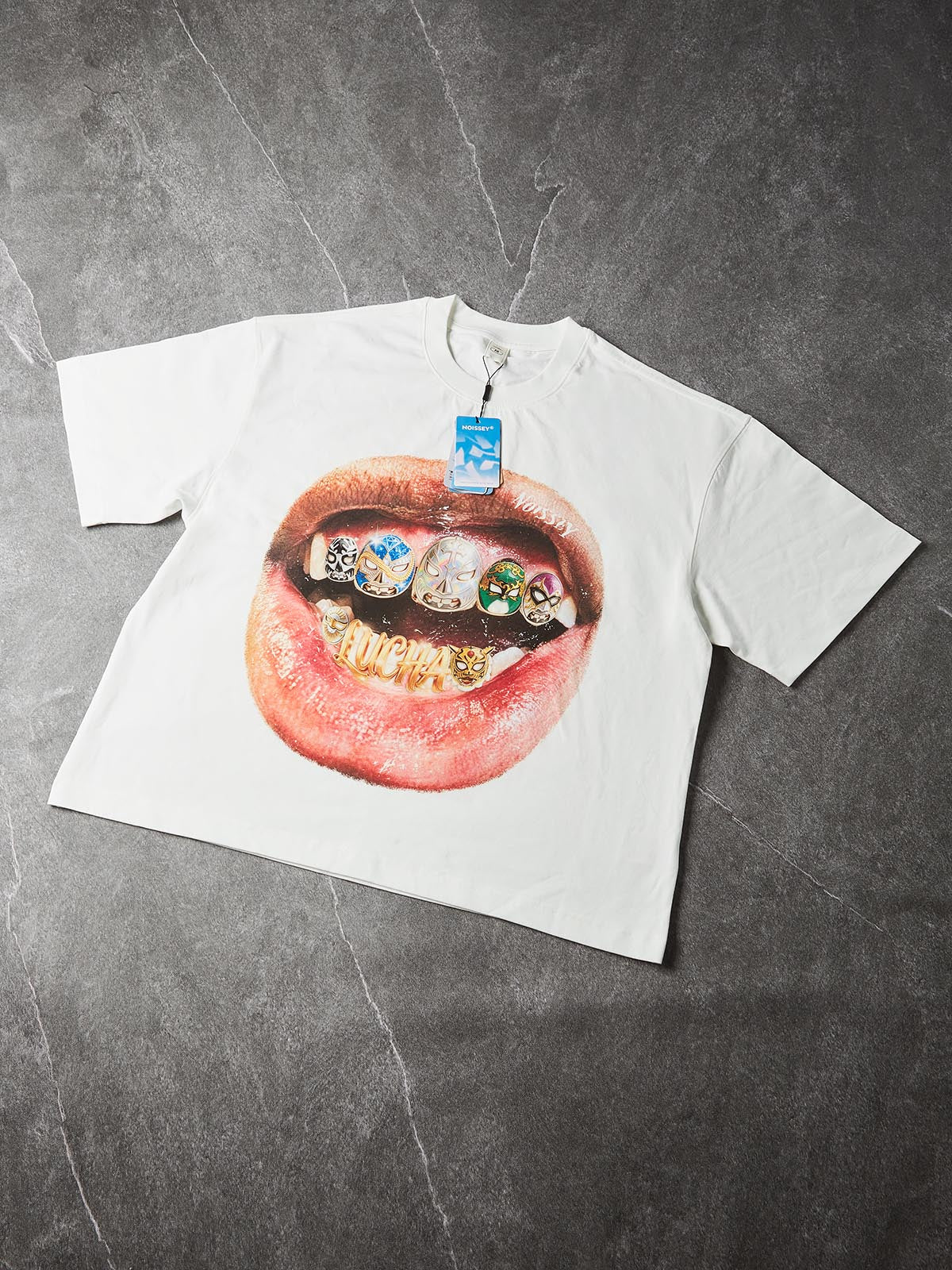 NOISSEY "Lucha Grillz" Wrestling Mask Iced-Out Art Print Oversized T-Shirt - Image 4