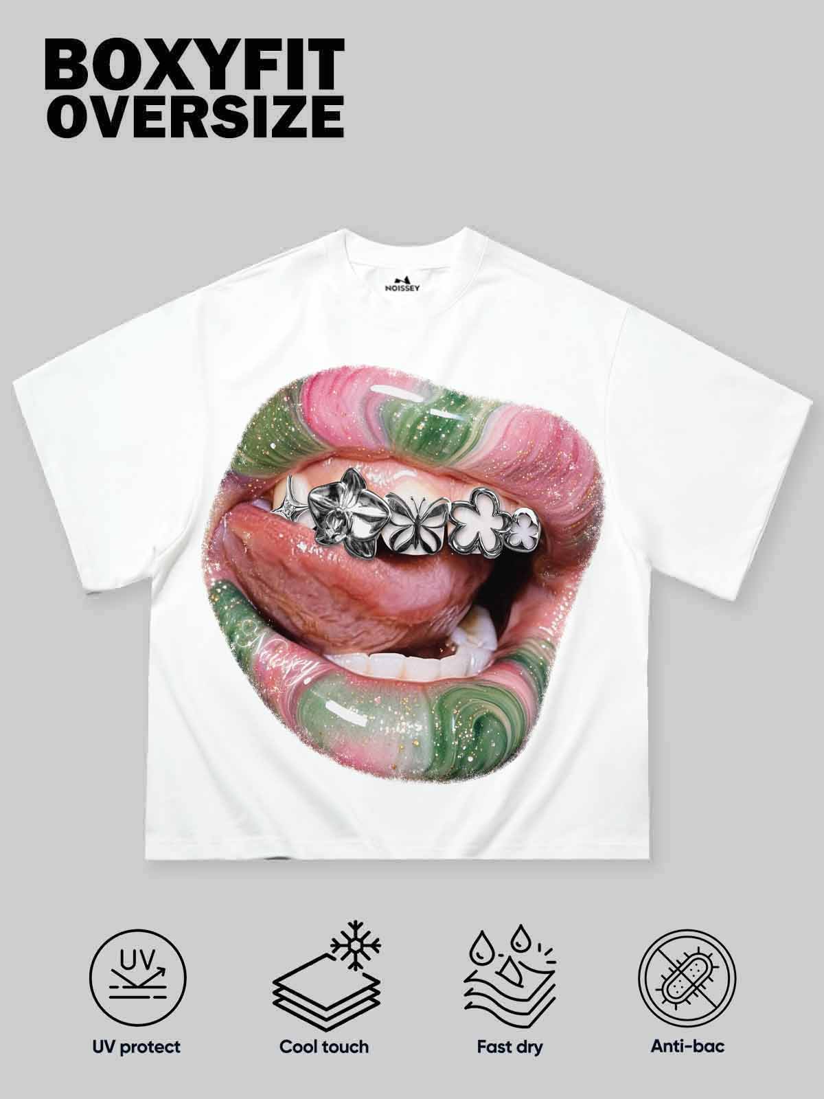 NOISSEY Marbled Lips Clover Metallic Grillz Glitter Print T-Shirt - White - Image 7