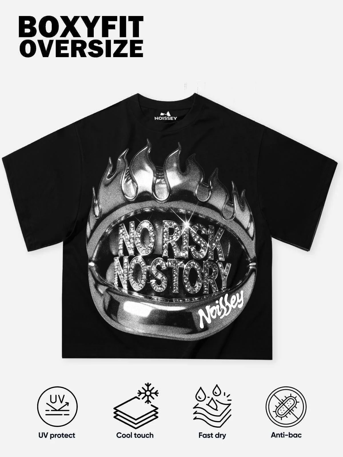 NOISSEY "Metal Flame" No Risk No Story Graphic Oversized Tee - Onyx Black - Image 2
