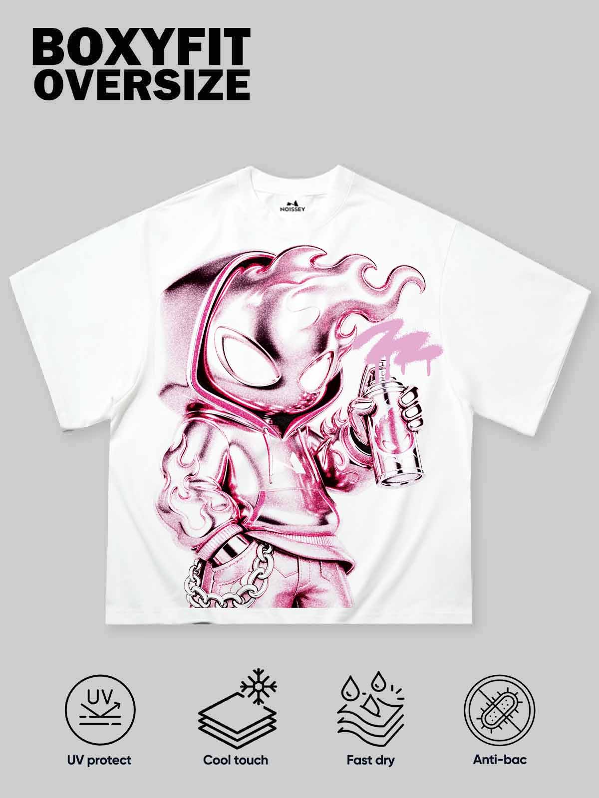NOISSEY "Metallic Spray" Chrome Fire Man Character Boxy Tee - White - Image 12