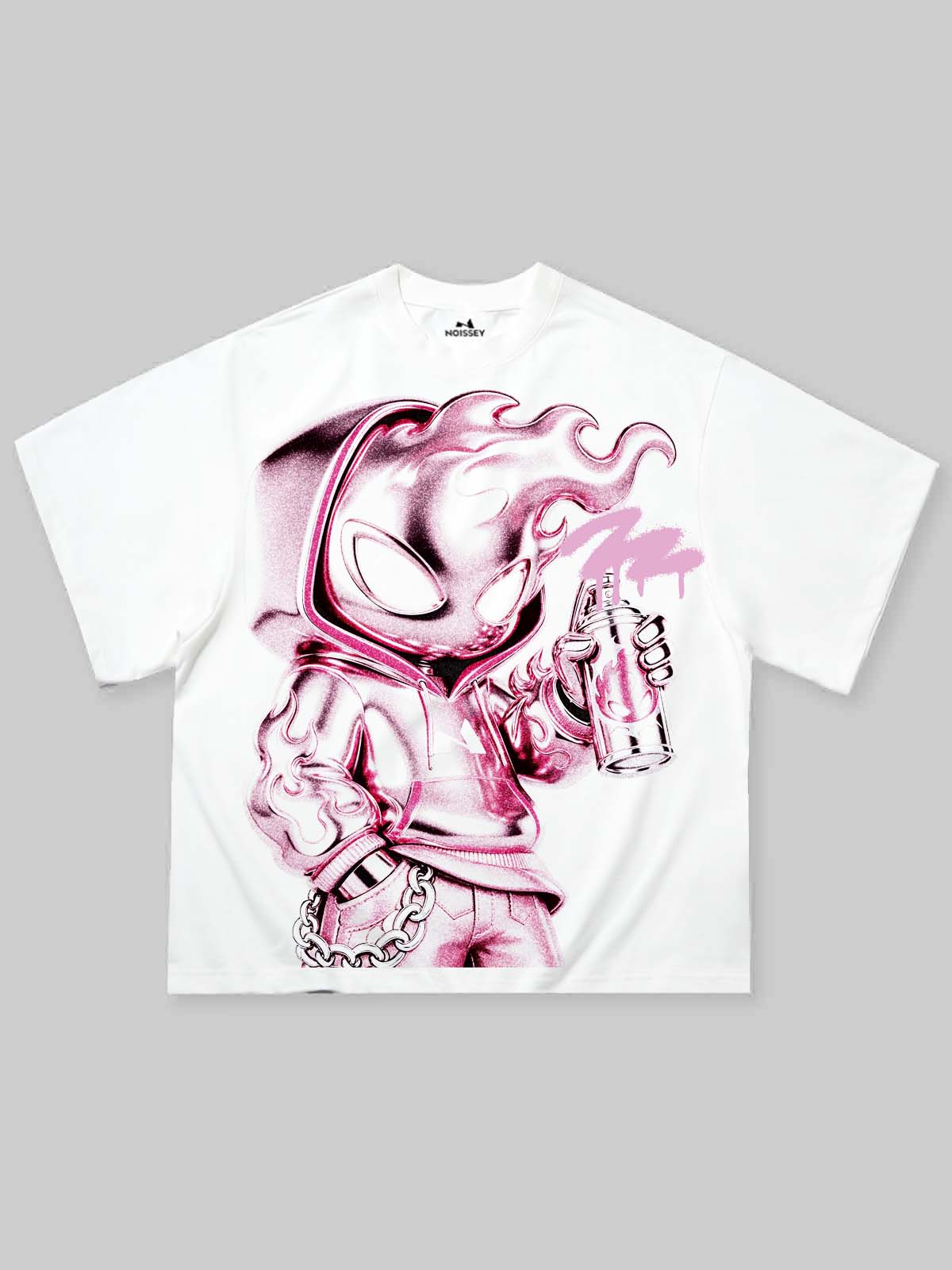 NOISSEY "Metallic Spray" Chrome Fire Man Character Boxy Tee - White - Image 13