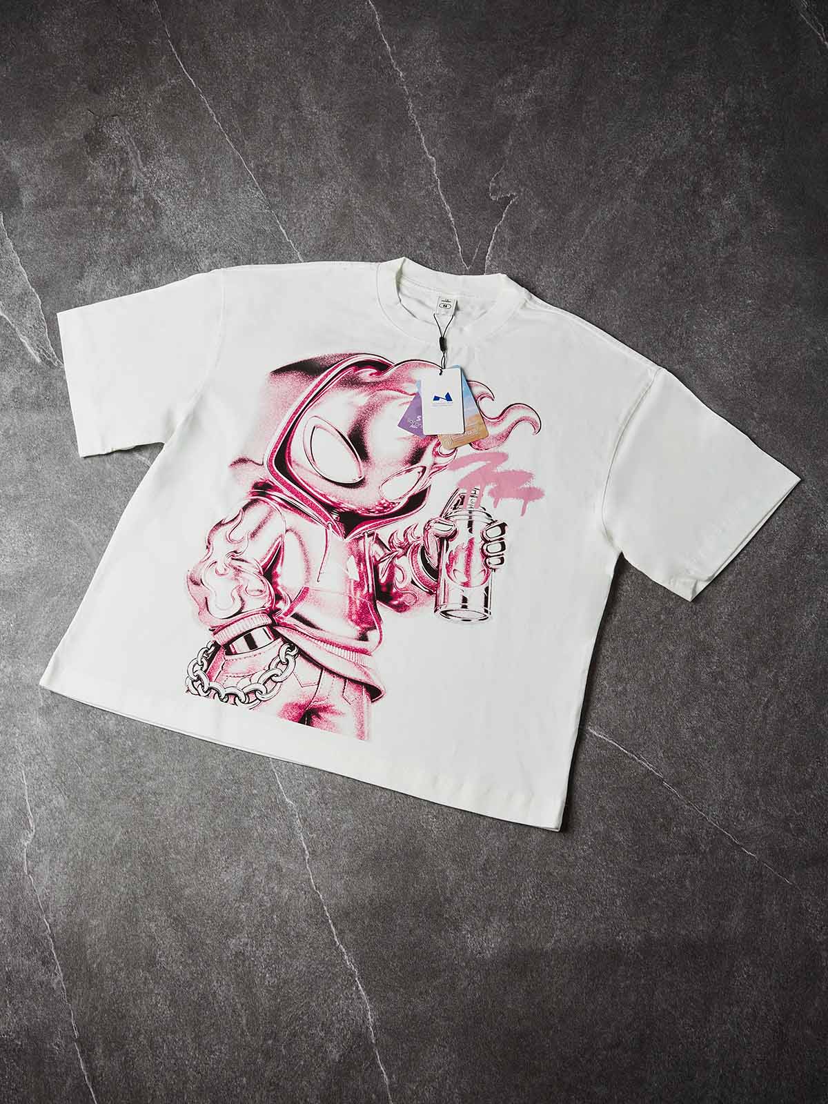 NOISSEY "Metallic Spray" Chrome Fire Man Character Boxy Tee - White - Image 9
