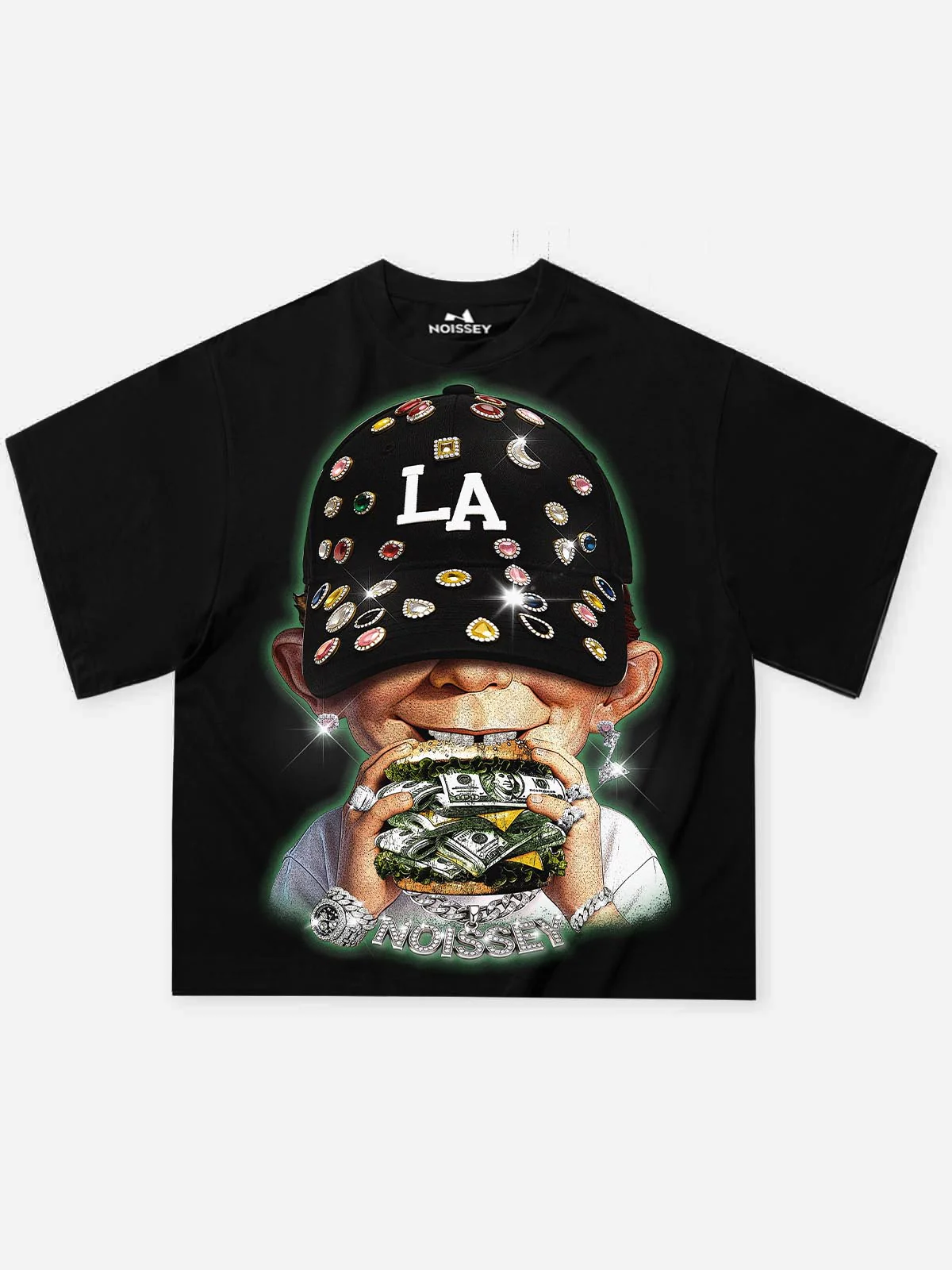 NOISSEY "MONEY BURGER" Glitter Boy Art Print Heavyweight T-Shirt - Pitch Black