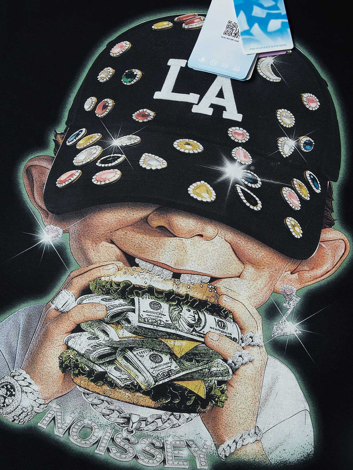 NOISSEY "MONEY BURGER" Glitter Boy Art Print Heavyweight T-Shirt - Pitch Black - Image 3
