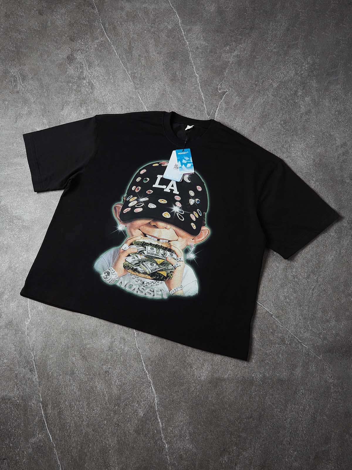 NOISSEY "MONEY BURGER" Glitter Boy Art Print Heavyweight T-Shirt - Pitch Black - Image 4