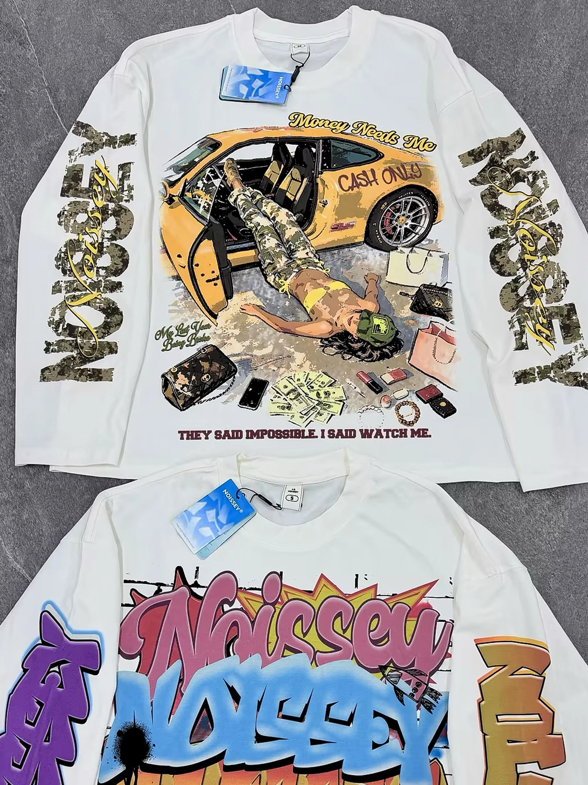 NOISSEY "Money Needs Me" Boxy Heavyweight Camo Art Long Sleeve - Cloud White - Image 10