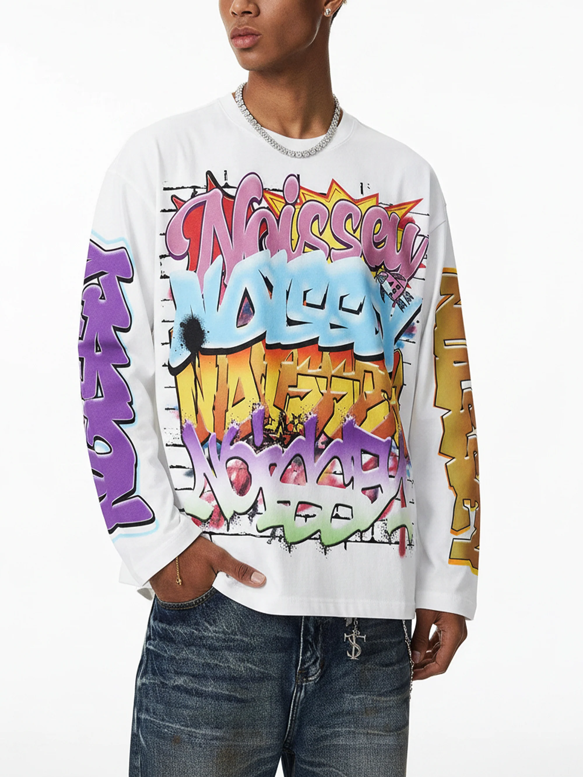 NOISSEY Multilayer Gradient Graffiti Long-Sleeve Tee - Pure White - Image 4