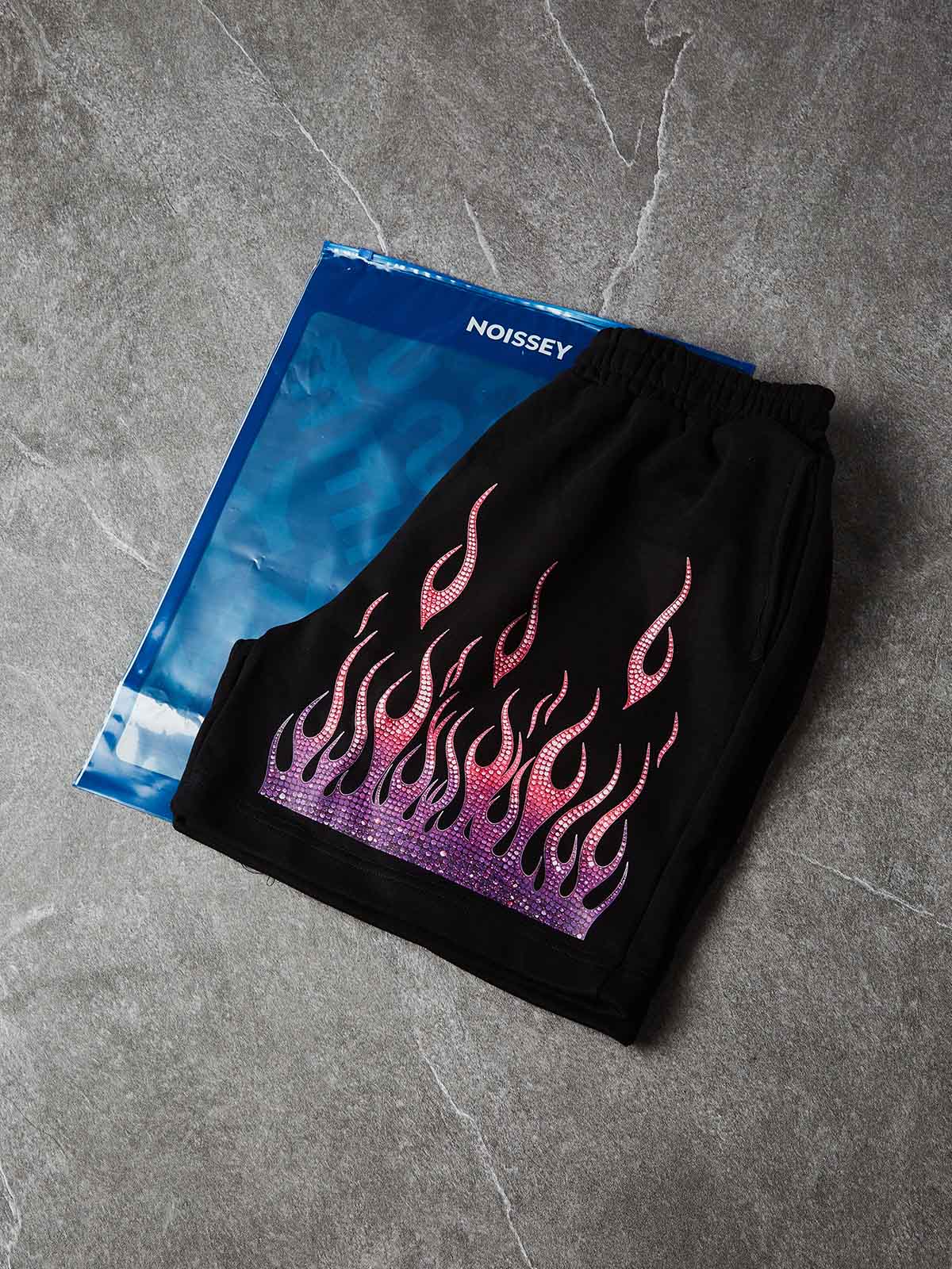 NOISSEY "Neon Embers" Gradient Graphic Flame Shorts - Onyx Black Heavyweight Street Shorts - Image 9