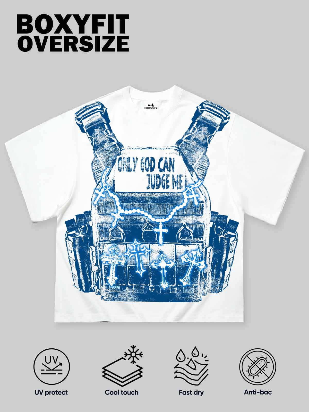 NOISSEY Only God Can Judge Me Blue-Tone Tactical Vest Art Tee - Cloud White - Image 2