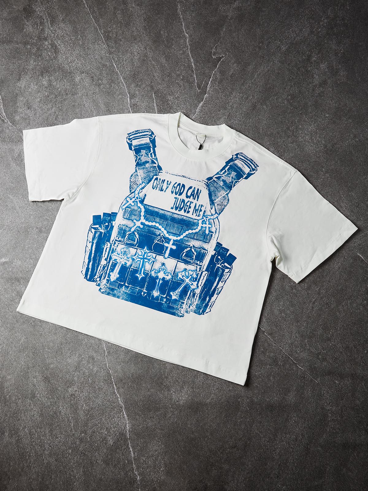 NOISSEY Only God Can Judge Me Blue-Tone Tactical Vest Art Tee - Cloud White - Image 6