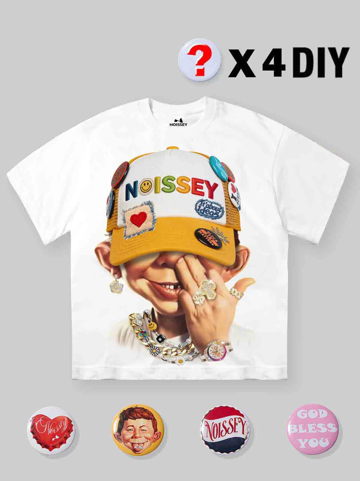 NOISSEY "Patchwork Bad Boy" Shimmering Jewelry Badge Cap Cartoon Portrait Oversized Tee
