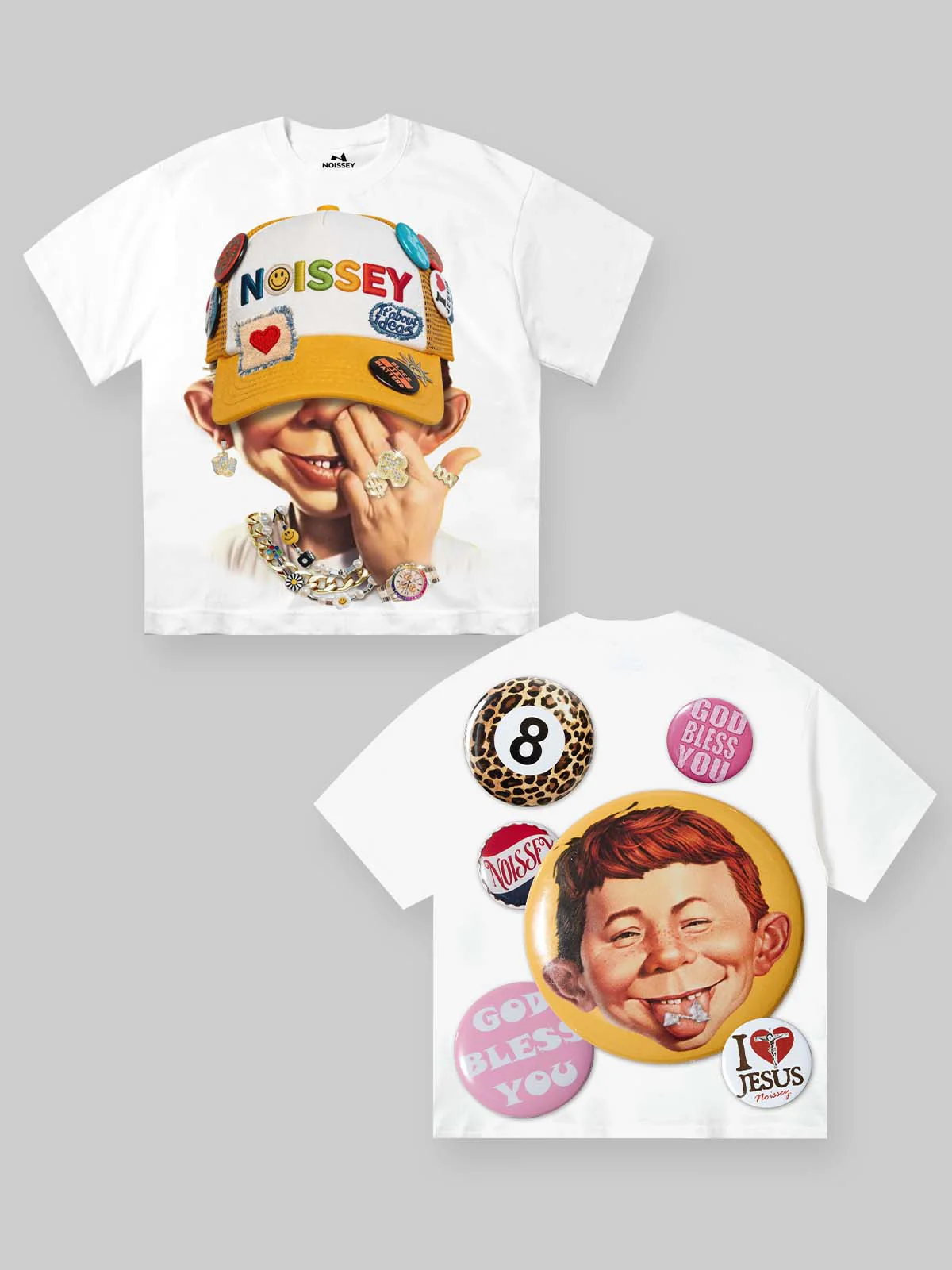 NOISSEY "Patchwork Bad Boy" Shimmering Jewelry Badge Cap Cartoon Portrait Oversized Tee - Image 3