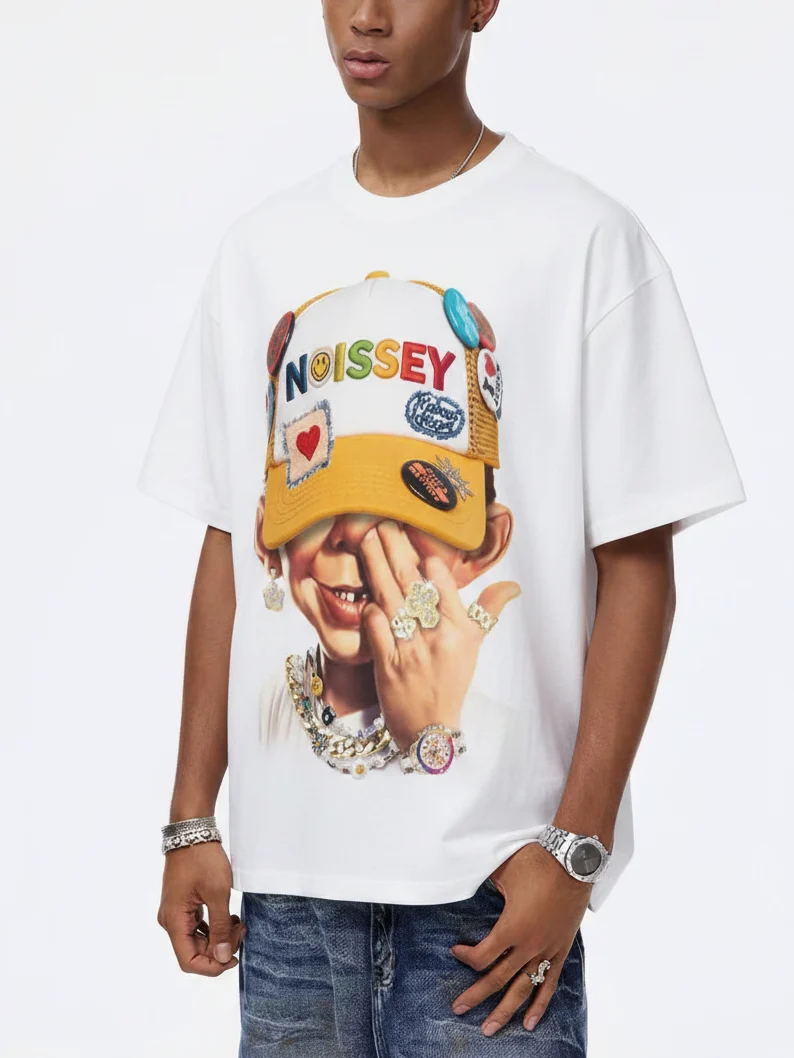 NOISSEY "Patchwork Bad Boy" Shimmering Jewelry Badge Cap Cartoon Portrait Oversized Tee - Image 6