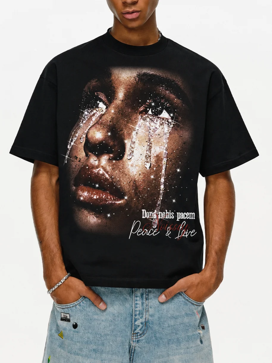 NOISSEY "Peace & Love" Black Boxy Tee - Diamond Tears Graphic - Image 3
