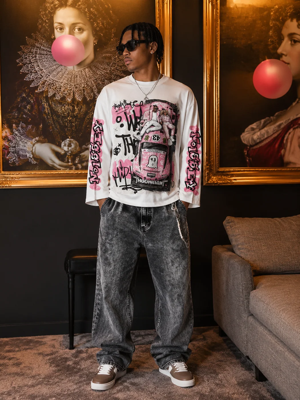 NOISSEY "Pink Hoonigan Graffiti" Coupe Tee - Clean White Oversized Long Sleeve - Image 4