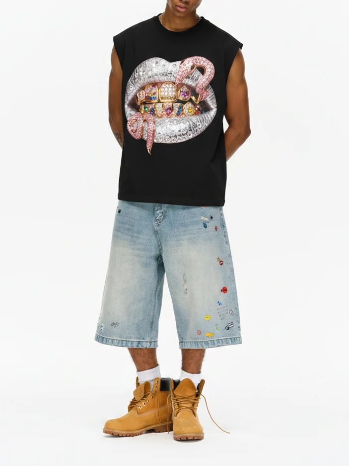NOISSEY "Pink Snake Lips" Graphic Tank Top - Heavyweight Oversize Black - Image 3