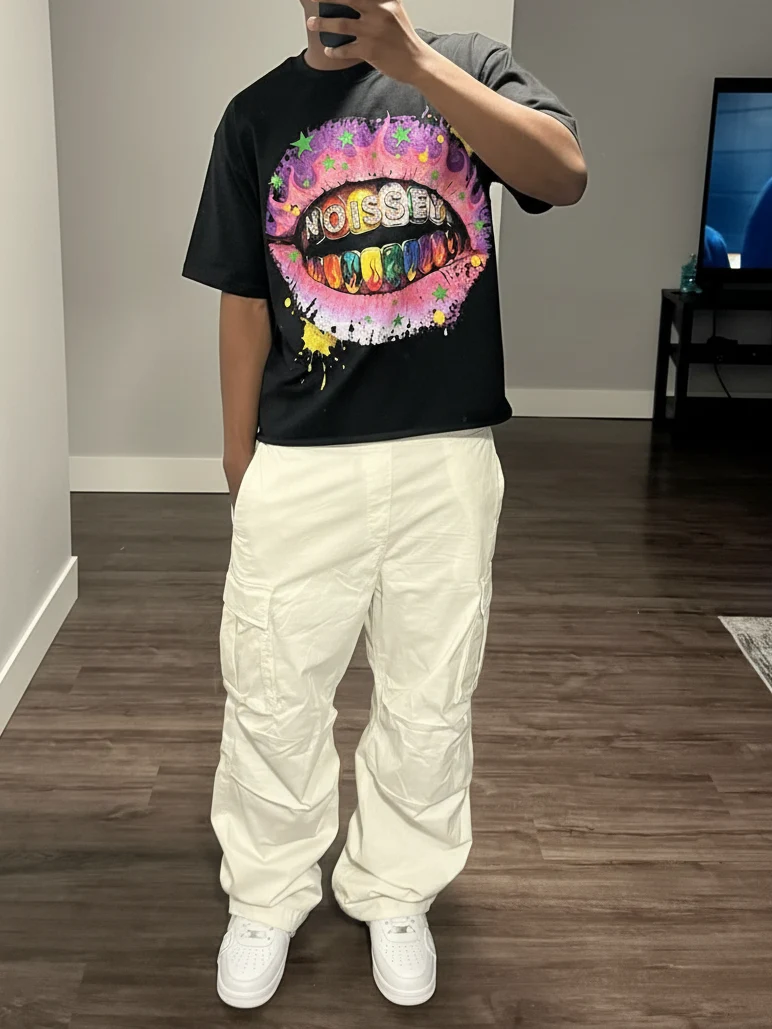 NOISSEY "Rainbow Flame Lips" Tee - Jet Black Boxy Street Graffiti T-Shirt - Image 4