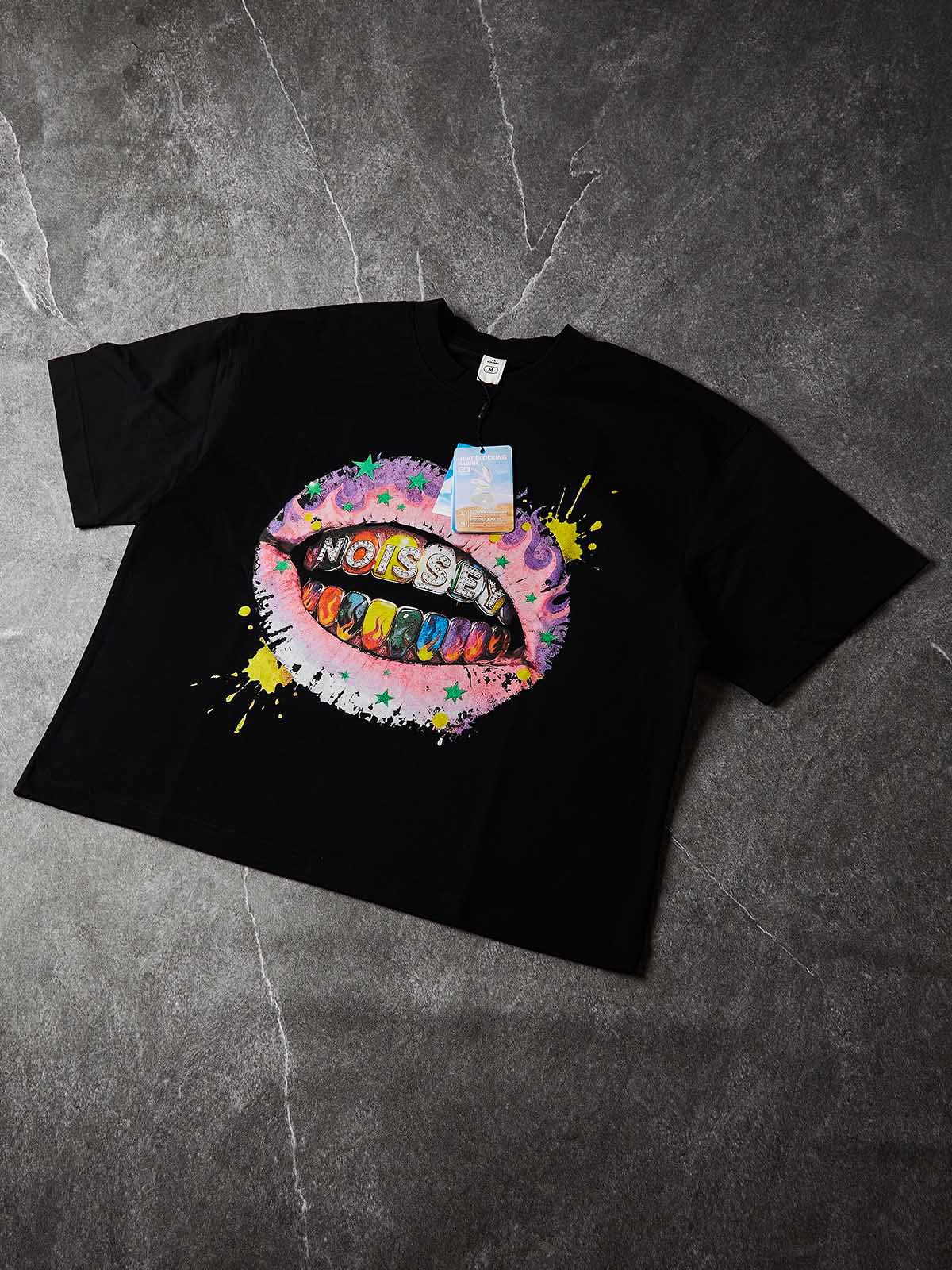 NOISSEY "Rainbow Flame Lips" Tee - Jet Black Boxy Street Graffiti T-Shirt - Image 5