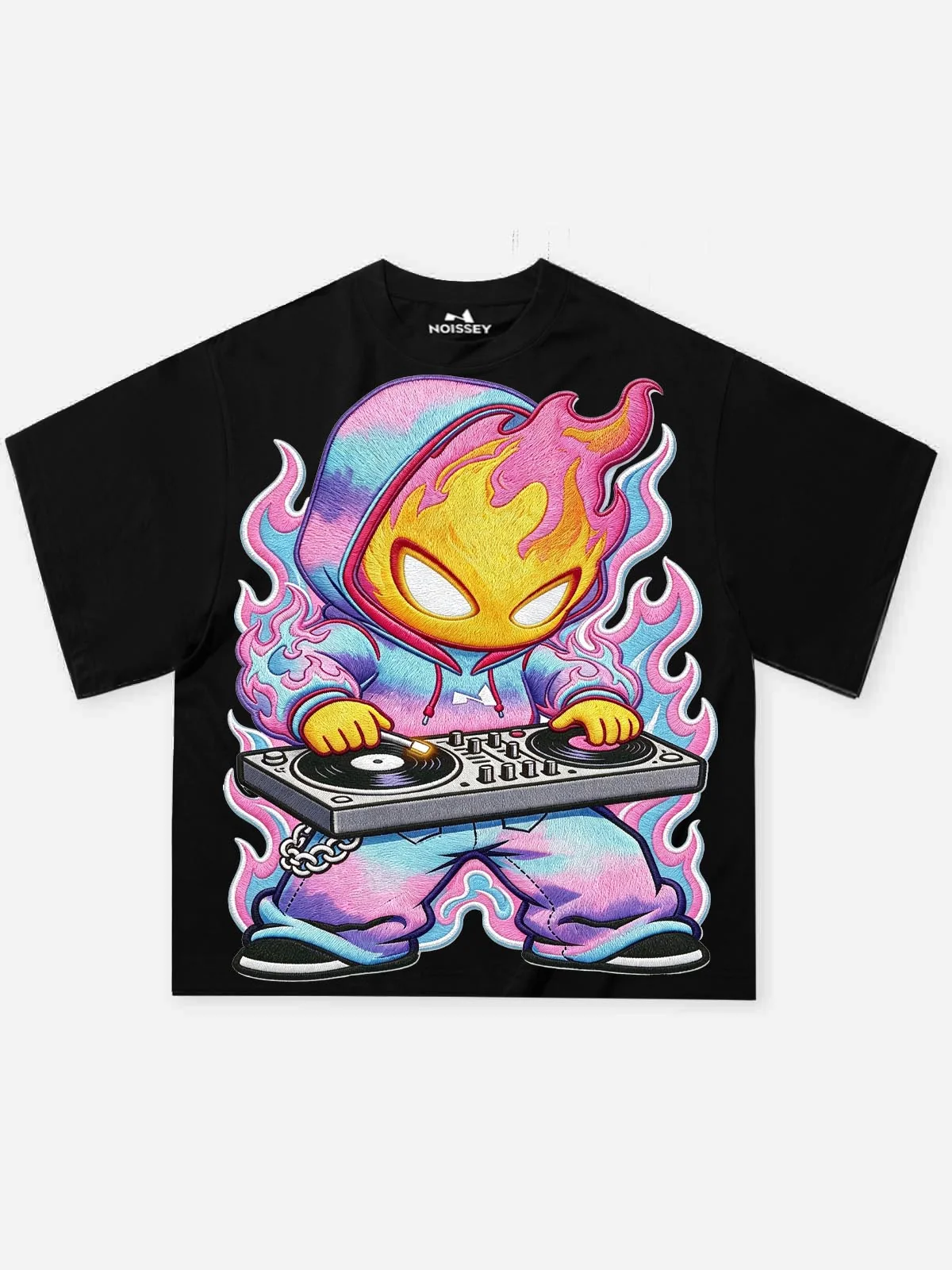 NOISSEY Rainbow Tie-Dye DJ Skater Fire-Boy Street Art Print Short Sleeve T-Shirt - Black - Image 7