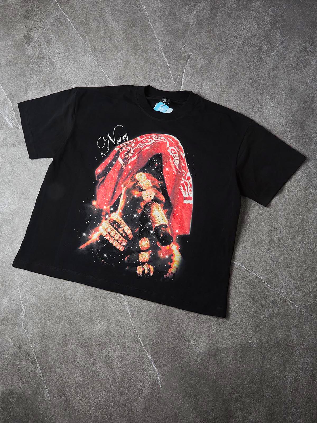 NOISSEY "Crimson Legacy" Bandana Graphic Boxy Tee - Pitch Black - Image 3