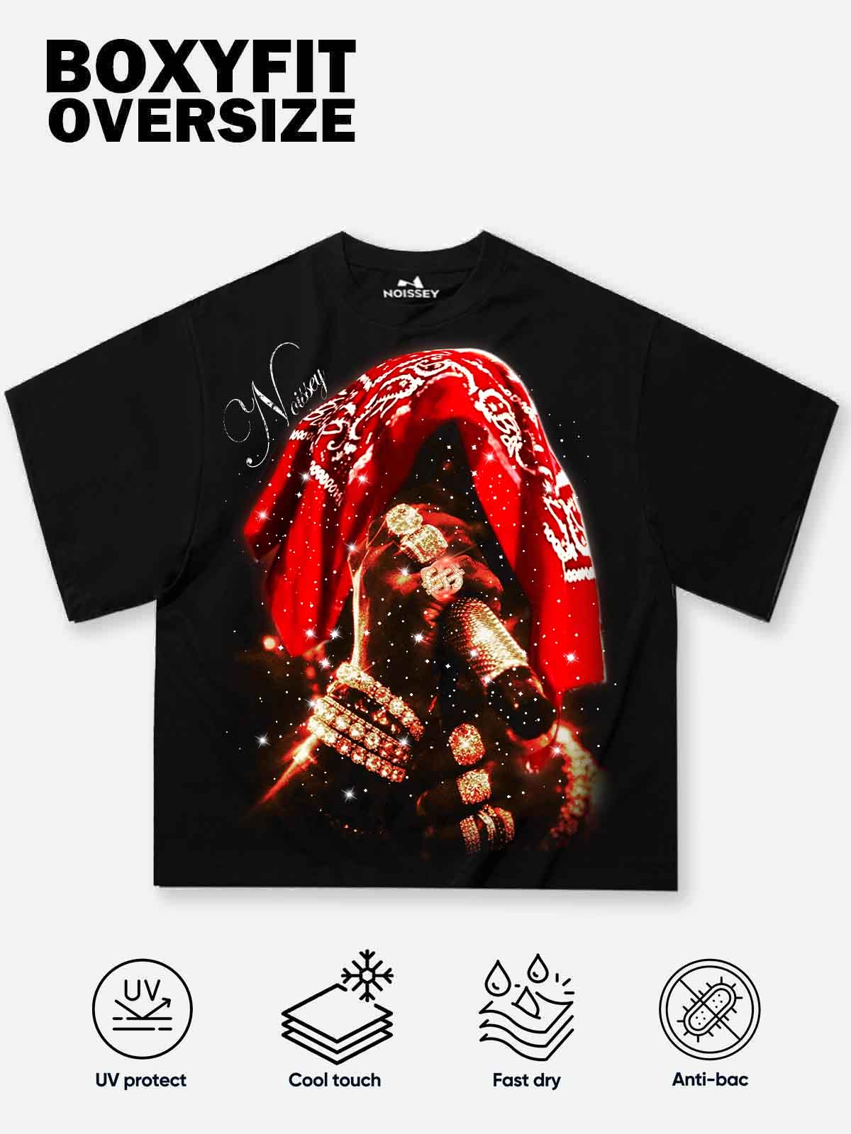 NOISSEY "Crimson Legacy" Bandana Graphic Boxy Tee - Pitch Black - Image 7
