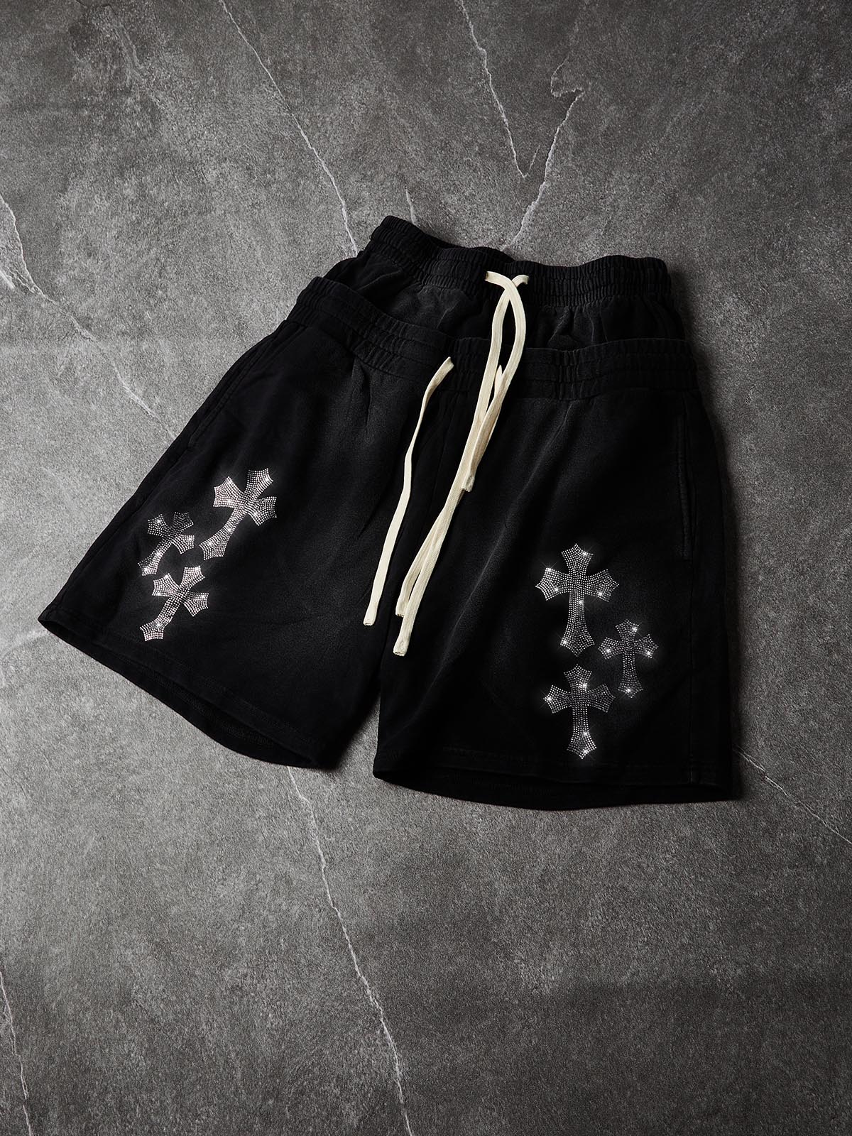 NOISSEY Rhinestone Gothic Cross Heavy Sweat Shorts - 4 Colors Available - Image 8