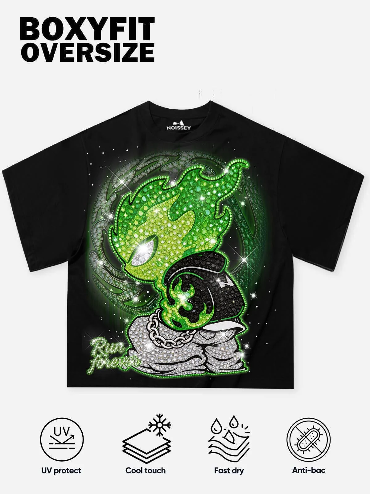 NOISSEY "Run Forever" Green Flame Crystal Figure Boxy Heavyweight Tee - Onyx Black - Image 8